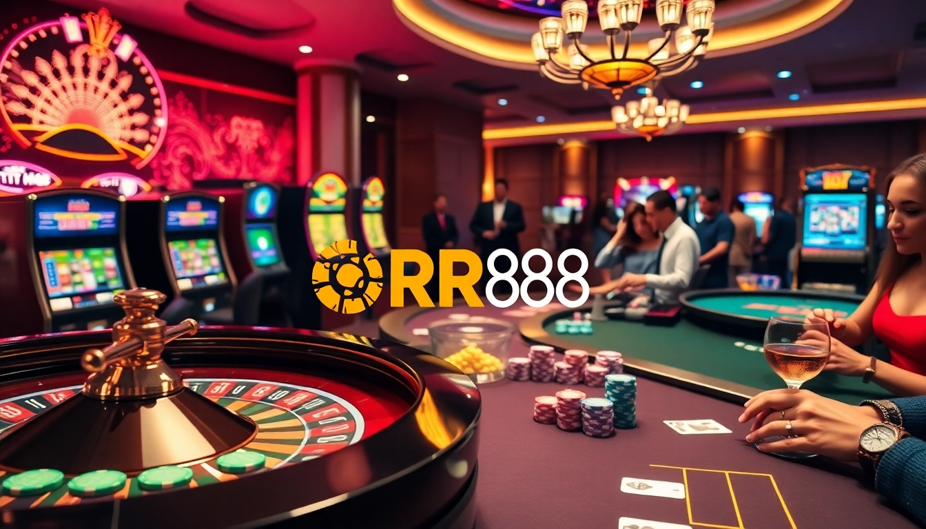 Experience the excitement of RR88 with vibrant casino games featuring roulette wheels and slot machines.