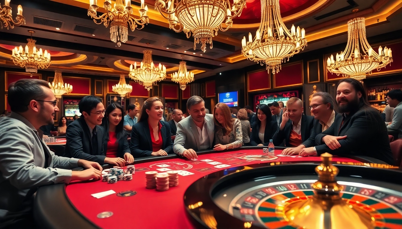 Players engaging in thrilling bets at a luxurious casino, with poker chips showcasing nk88.