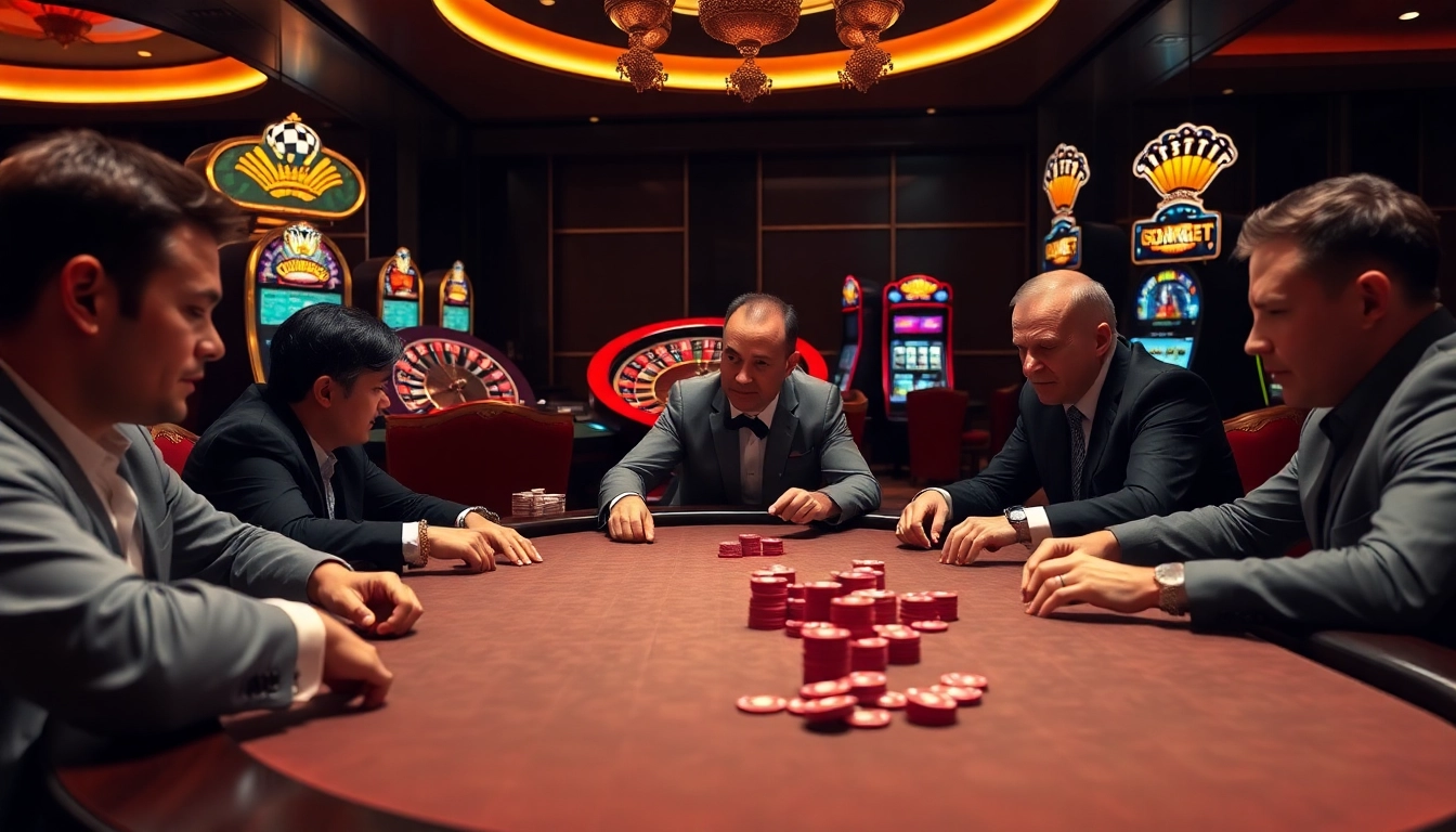 Exciting poker game at a luxury casino invoking the thrill of https://dabet.homes with vibrant chips and cards.