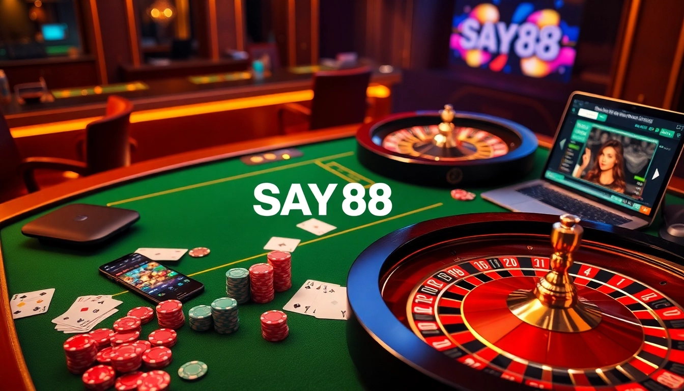 Experience premium online gambling with SAY88 showcasing poker chips, casino tables, and thrilling betting action.