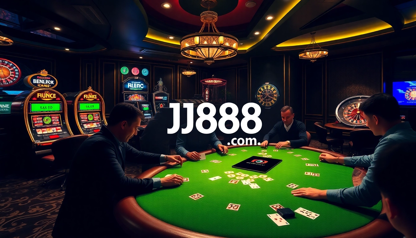 Players engaging in high-stakes poker at BJ88 Com featuring a vibrant casino atmosphere.