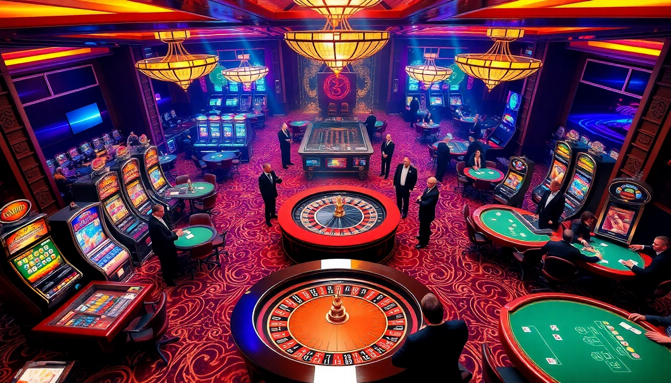 Experience the thrill of gambling at the ABC8 casino, showcasing roulette tables, poker chips, and excitement.