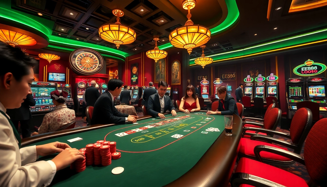 Experience the vibrant atmosphere of EE88 with a luxurious casino scene, including poker tables and slot machines.
