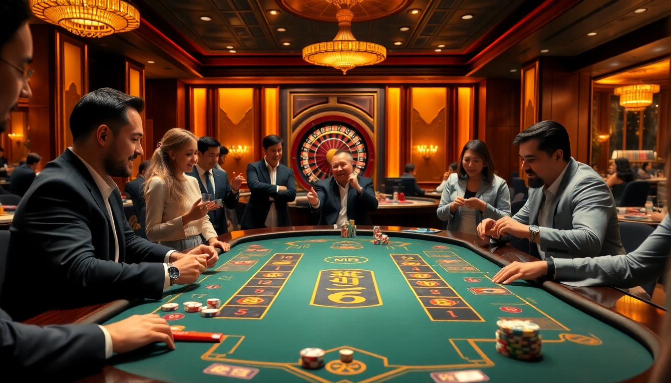 Engaging scene of players betting at a Tài Xỉu MD5 table in a lavish casino setting.