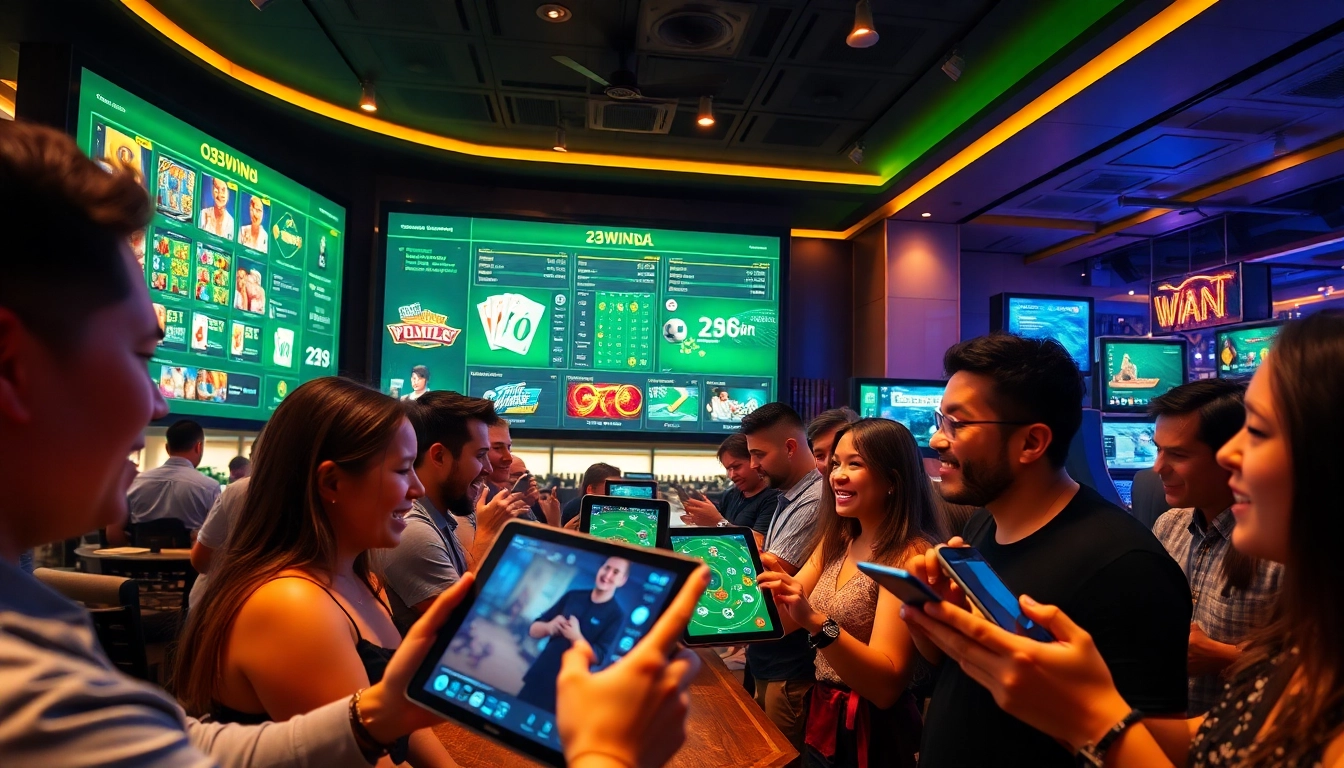 Exciting online casino experience with diverse games on 23WIN, featuring vibrant colors and enthusiastic players.