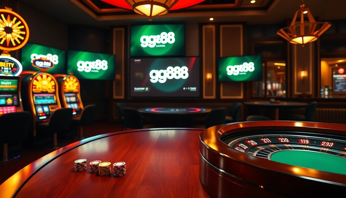 Experience excitement at gg88 with premium poker chips and vibrant slot machines in a luxurious casino scene.