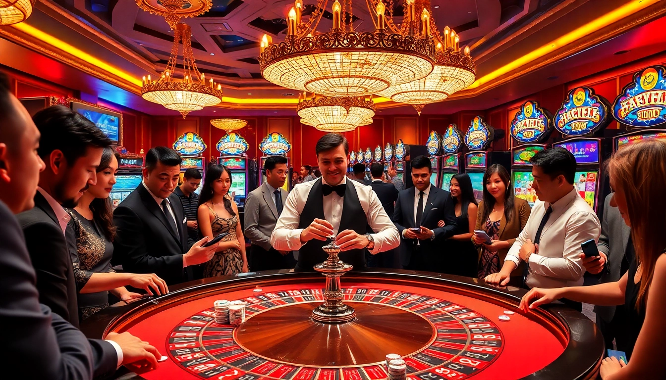 Engaging players betting around a roulette table at https://98wincom.best/ showcasing a vibrant casino atmosphere.