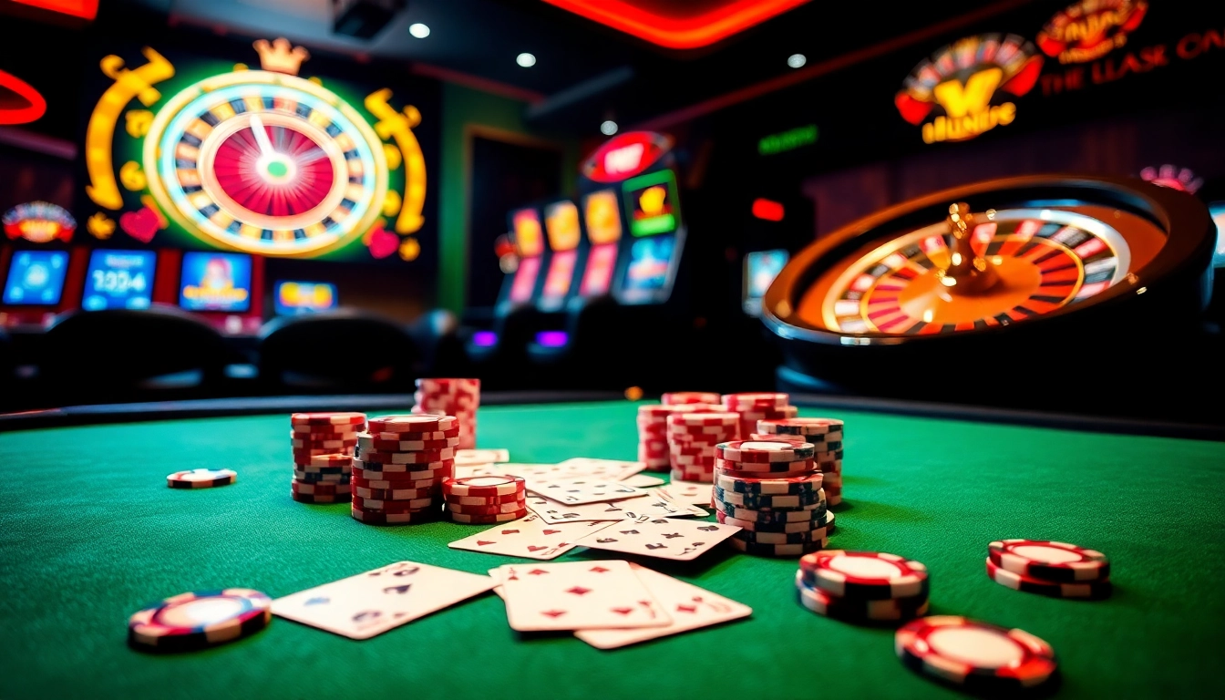 Players enjoying intense moments at a poker table with vibrant elements at https://thabet77.org/ casino.