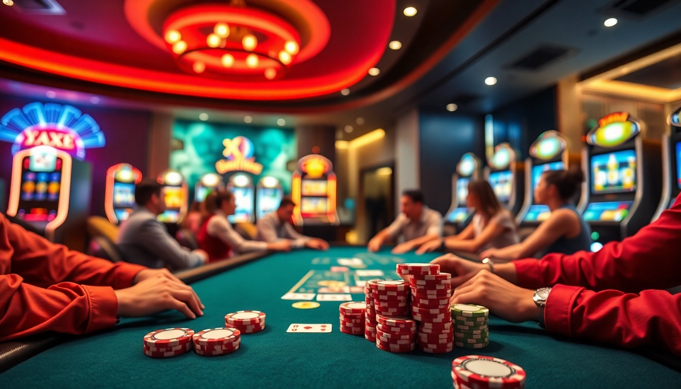 Players enjoying XXX games in a luxurious casino environment with poker chips and cards.