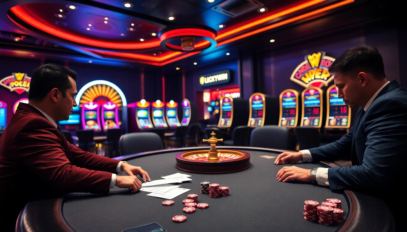 Experience the thrill of LUCKYWIN with exciting poker action and luxury casino visuals.