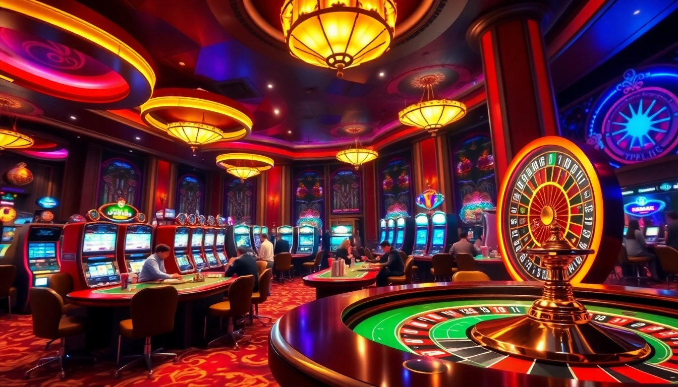 Experience the vibrant luxury of gambling at gg88.work with players enjoying diverse games in an upscale casino.