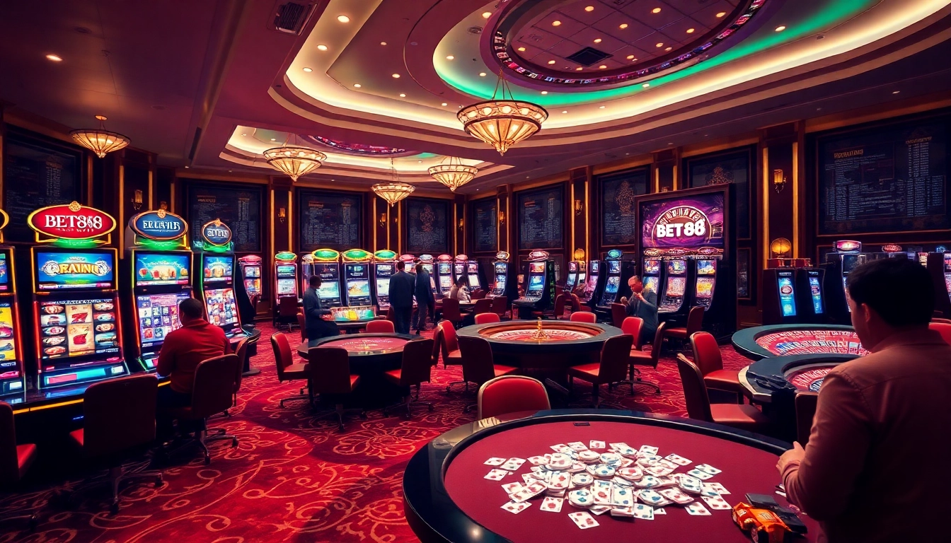 Bet88 players enjoying a thrilling moment at a vibrant casino table with poker chips and cards.