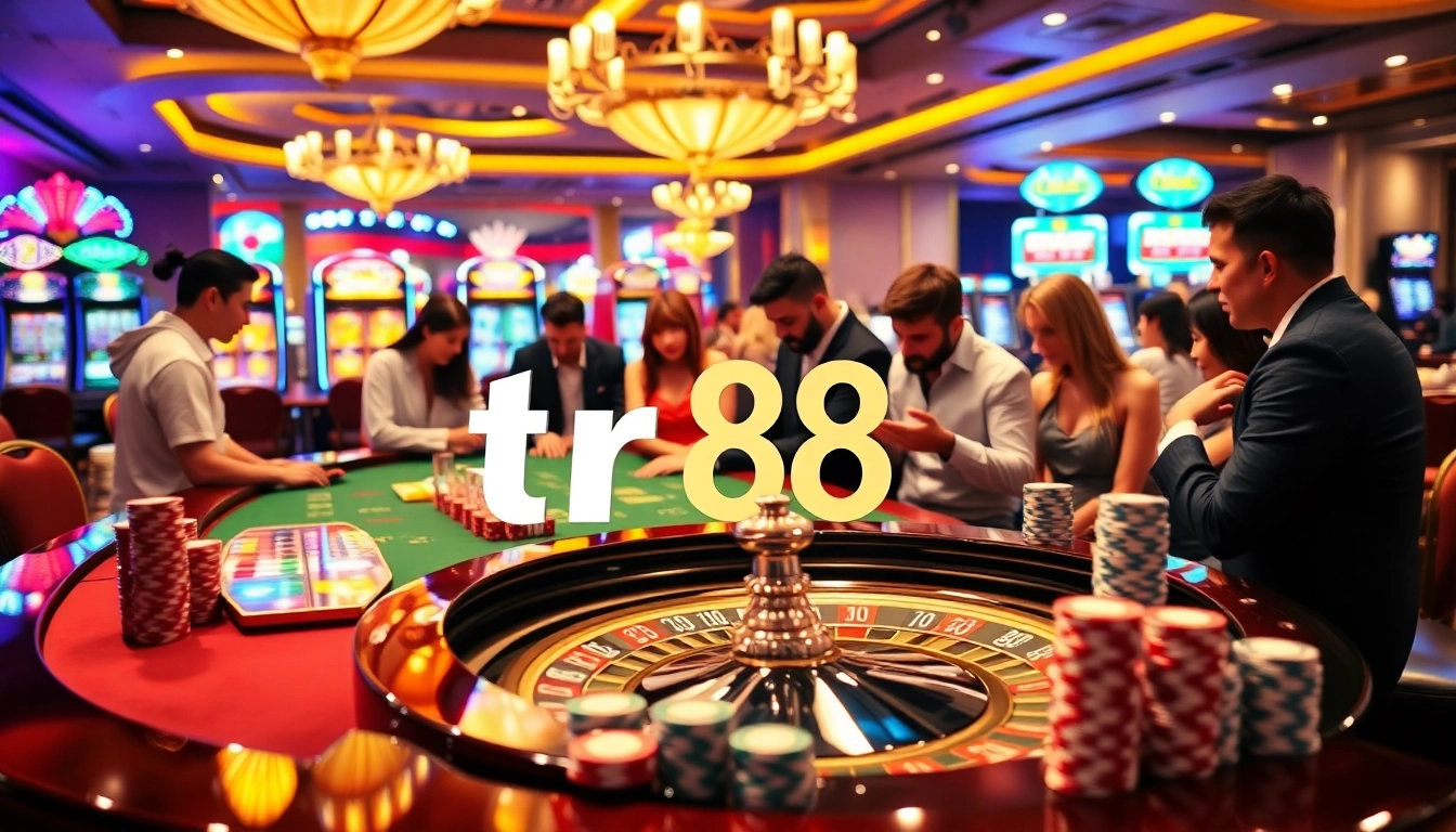 Experience the excitement of tr88 gambling with vibrant casino tables, poker chips, and slot machines.