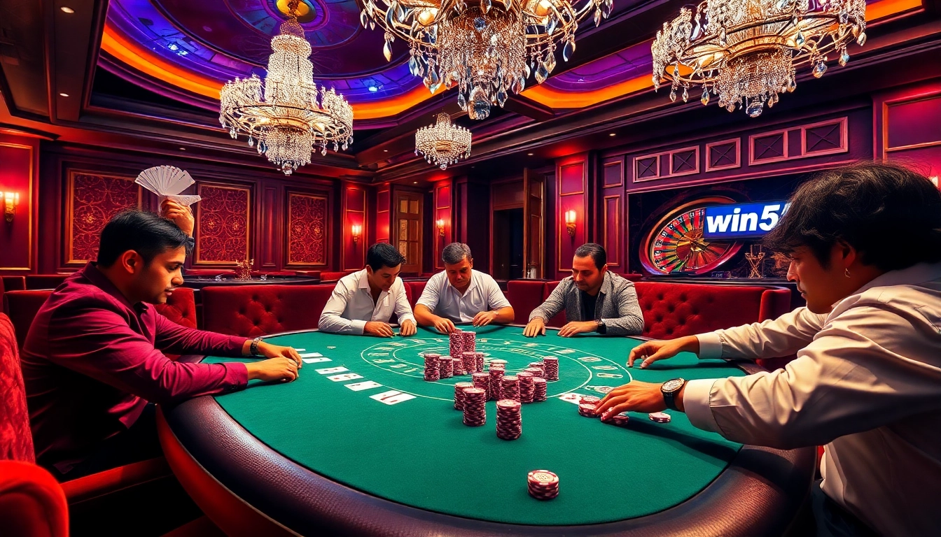 Engaging poker game scene featuring link win55 chips and cards in a luxurious casino atmosphere.