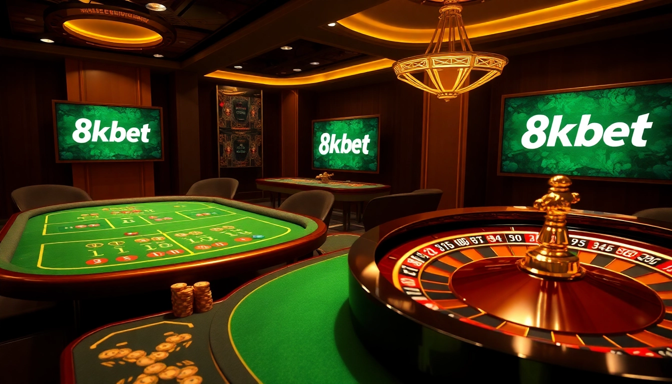 Experience the thrilling gameplay at 8kbet with vibrant casino tables and roulette wheels.