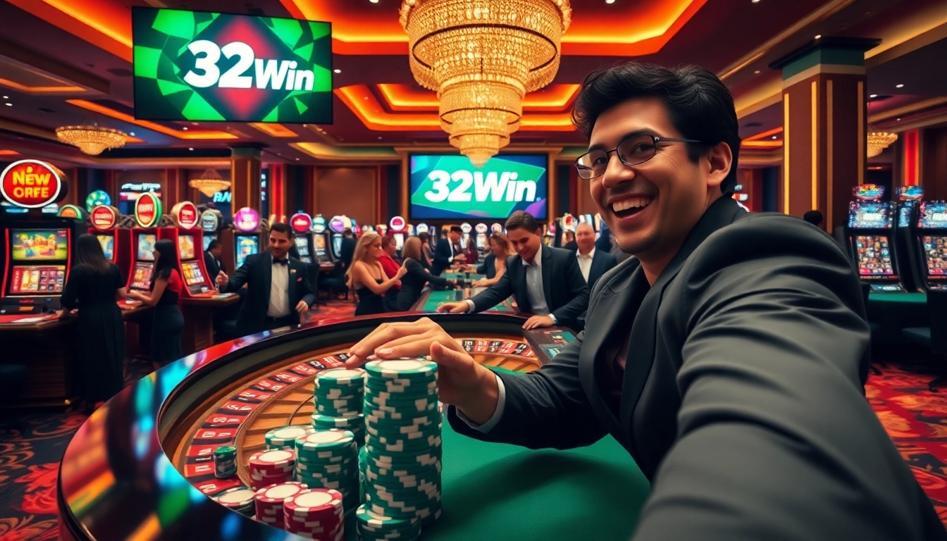 Experience the excitement at 32Win with a vibrant casino scene showcasing thrilling games and betting action.