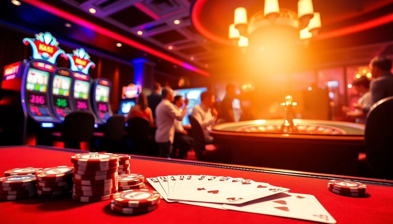 Players engage at a poker table with KK55 chips, capturing the thrill of casino gaming.