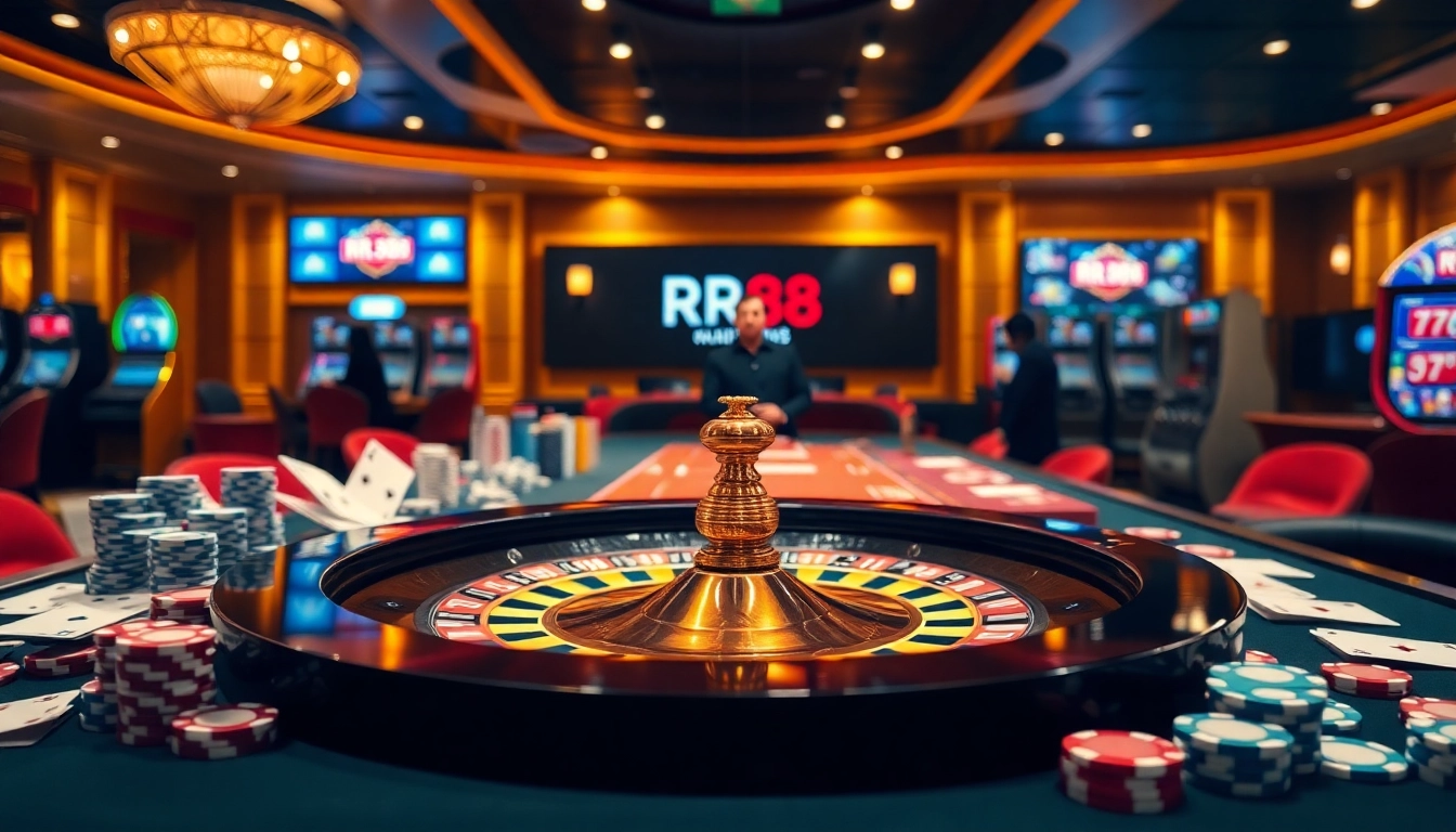 RR88 casino scene featuring vibrant poker chips and cards on a roulette table.