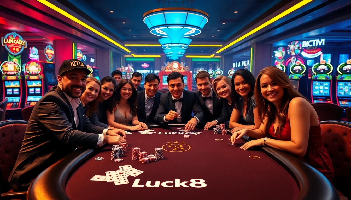 Luck8 casino experience featuring vibrant poker game action and slot machines.