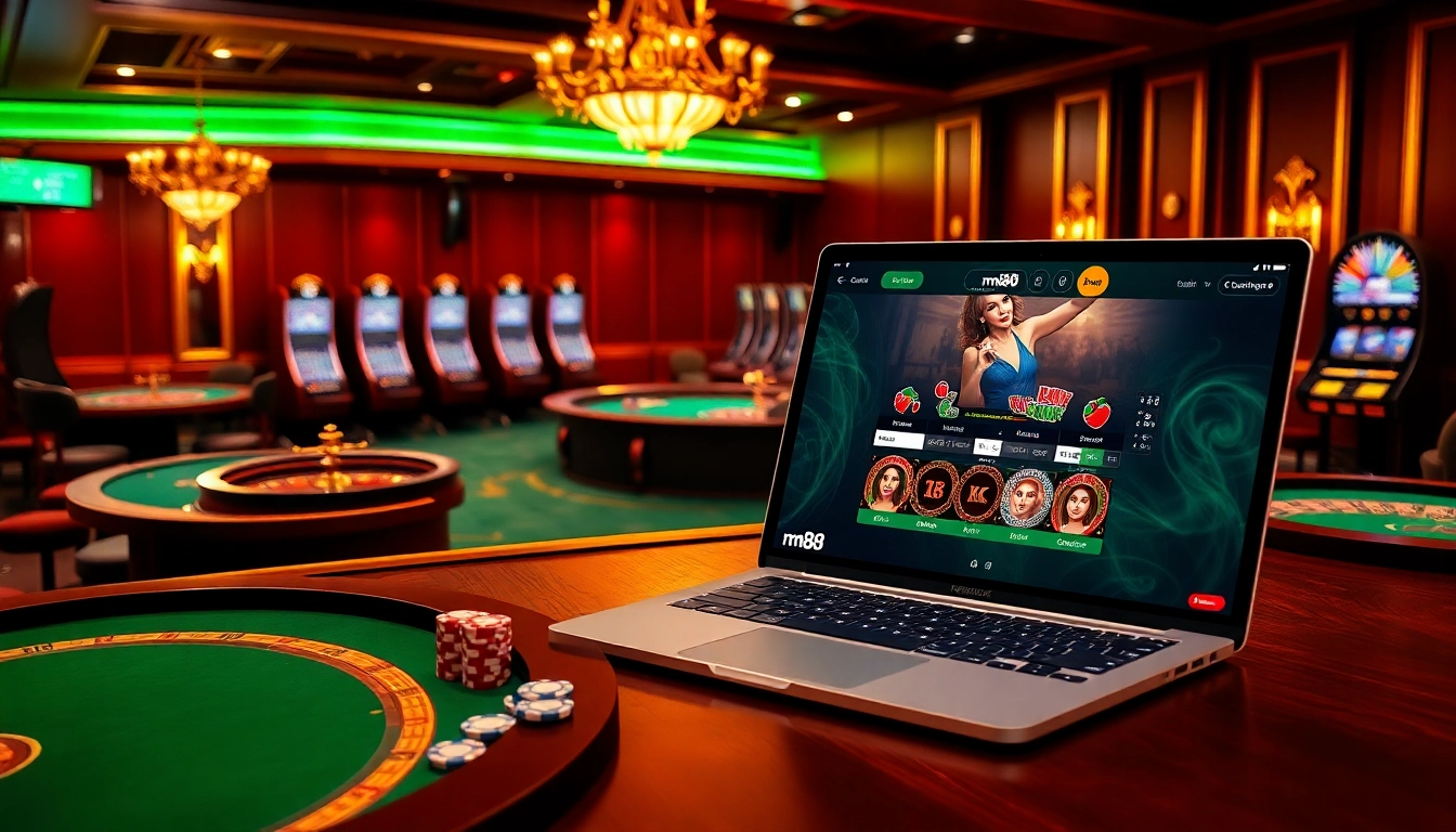 Play exciting games at mm88 with vibrant casino visuals of roulette and poker.