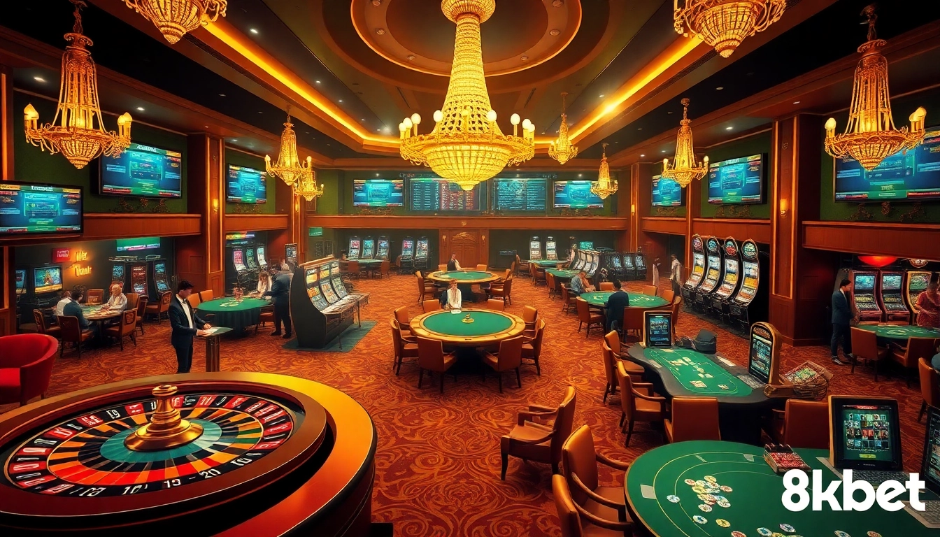 Experience the excitement of 8kbet with dynamic casino visuals showcasing roulette, poker, and slots.