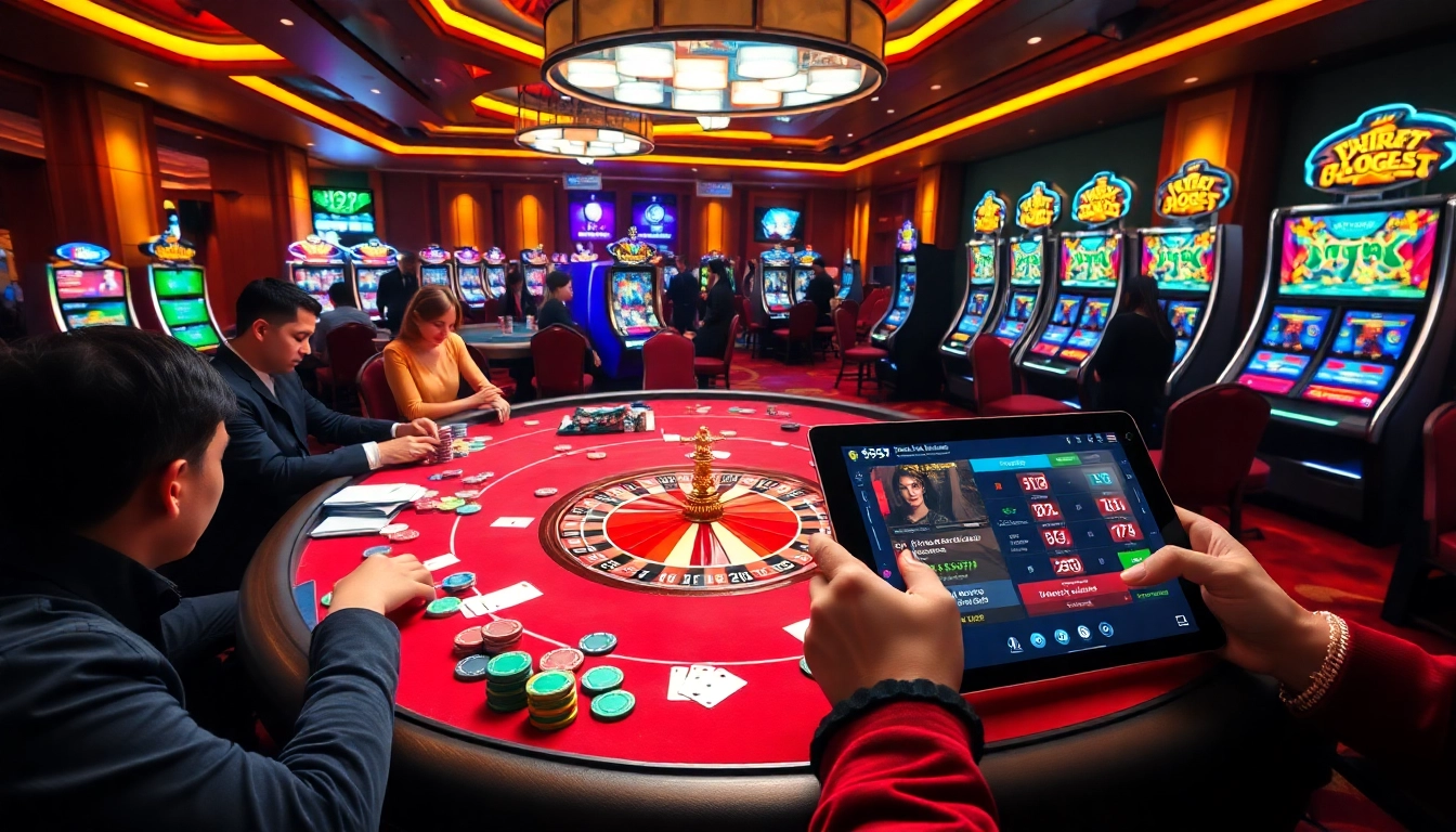 Players enjoying a thrilling experience at 999bet's vibrant casino table, featuring chips and cards.