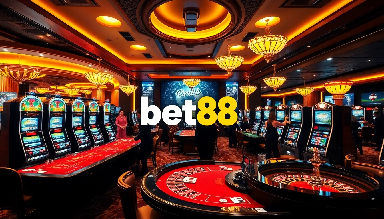 Experience the thrill of gambling with Bet88 at a luxurious casino setting featuring vibrant tables and exciting games.