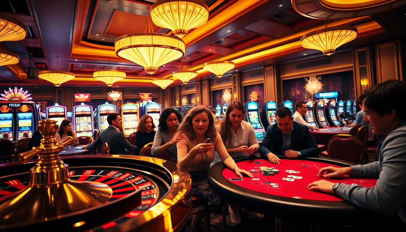 Gamblers enjoying a vibrant casino atmosphere at https://www.vvjl11.com/, with roulette, slot machines, and poker action.