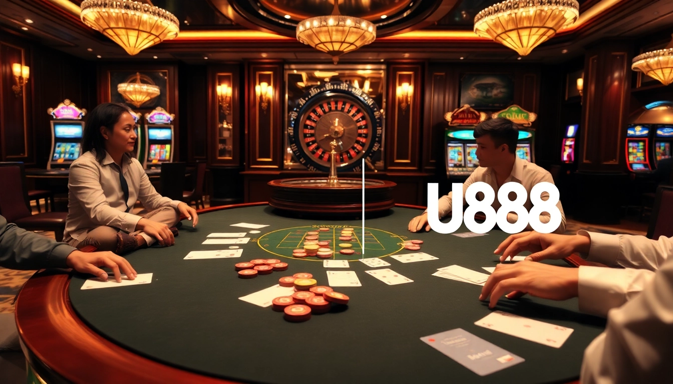 Join the excitement of U888 at a luxurious poker table with vibrant casino elements.