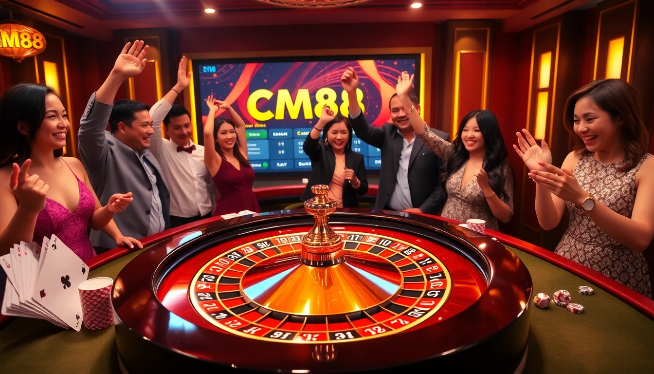 Experience the thrilling atmosphere of a CM88 casino, featuring a luxurious roulette table and vibrant players.