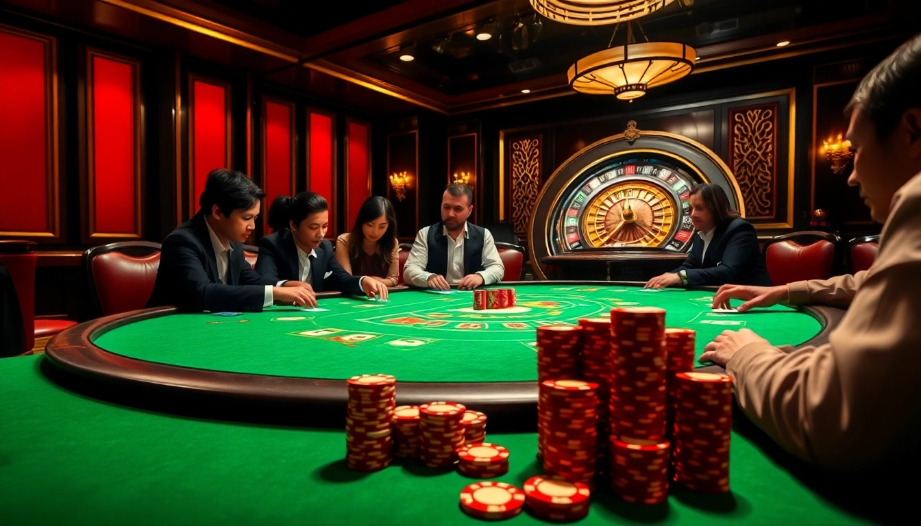 Exciting poker action at TR88 casino featuring vibrant chips and roulette wheel.
