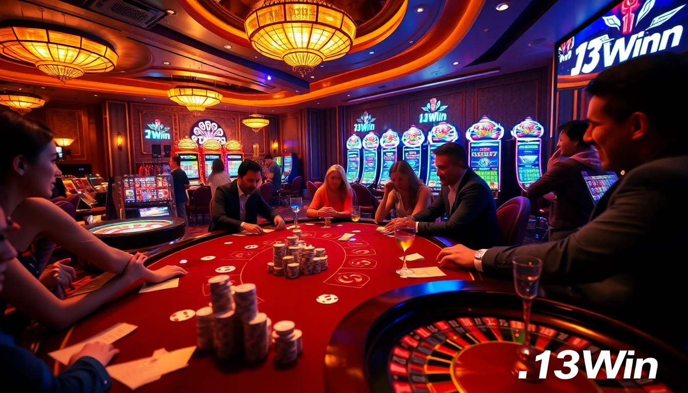 Exciting gambling scene at 13Win casino with players at a poker table and vibrant slot machines.