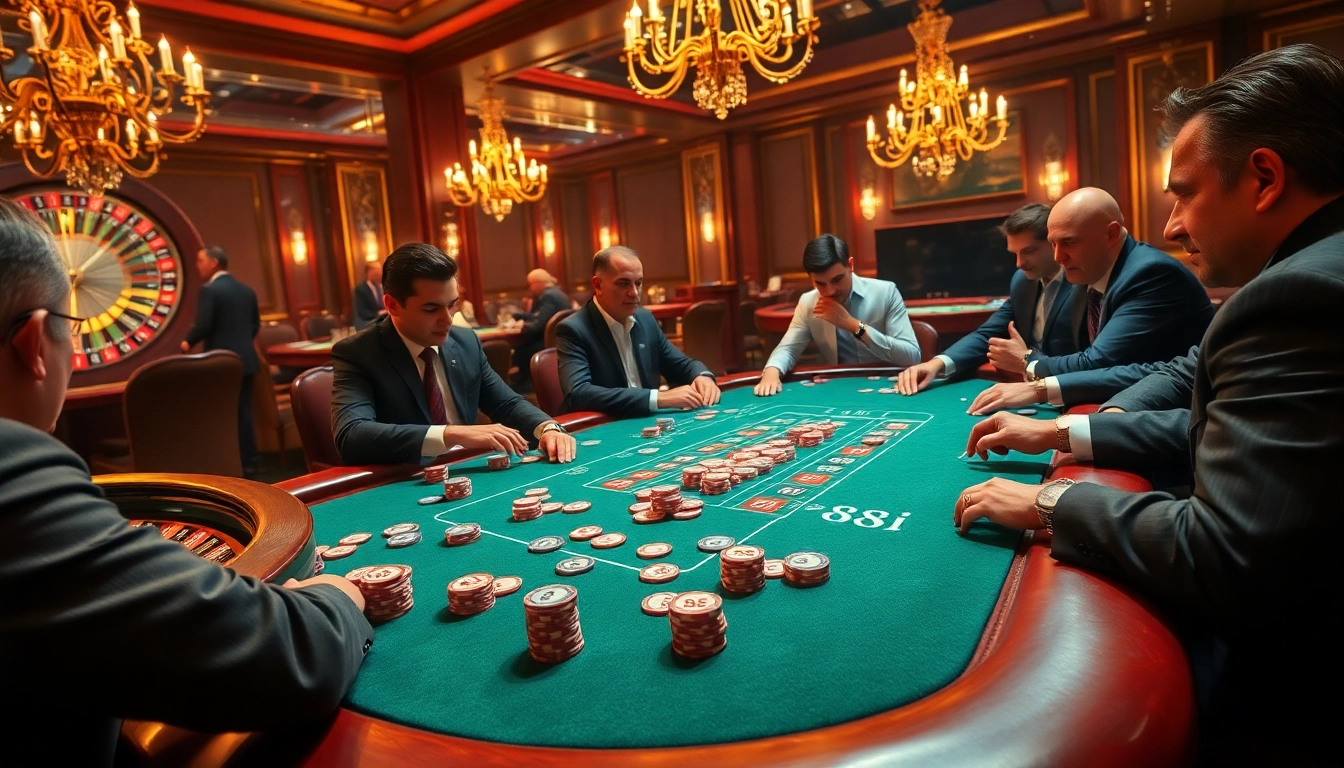 Players at a poker table with 88i chips enjoying an exciting game in a luxurious casino atmosphere.