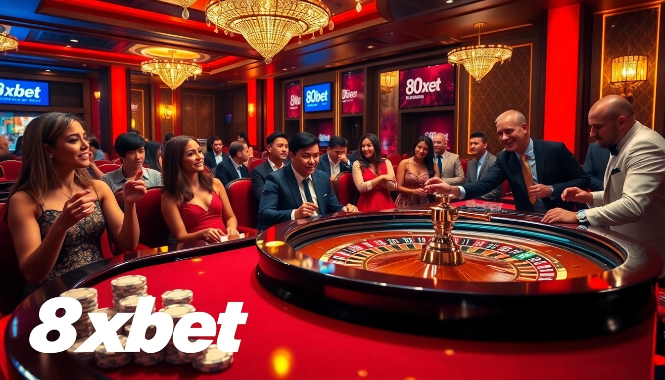 Exciting casino atmosphere featuring 8xbet logo with players at a roulette table.