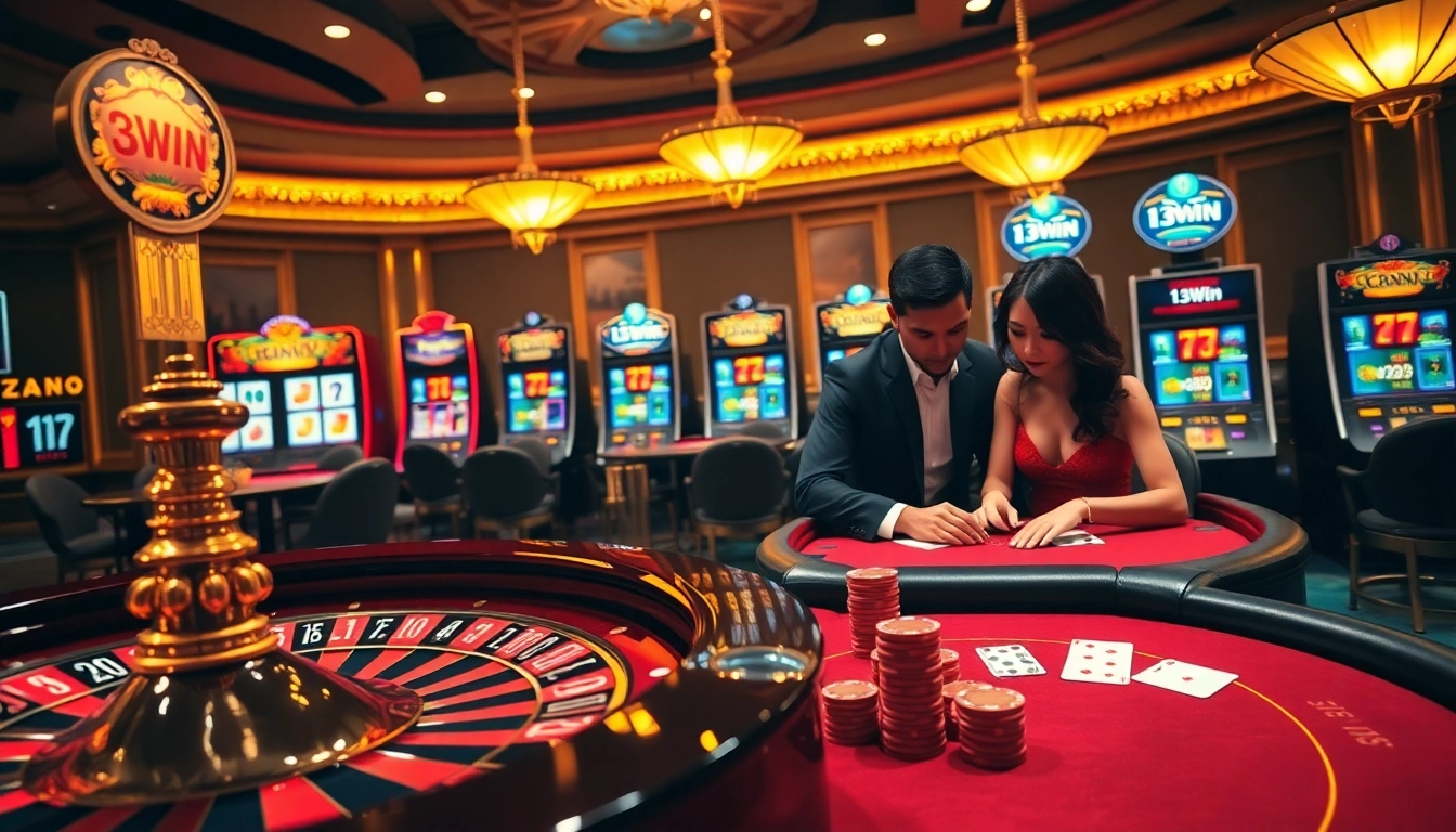 Experience the thrill of 13Win at a vibrant casino table with poker chips and cards.