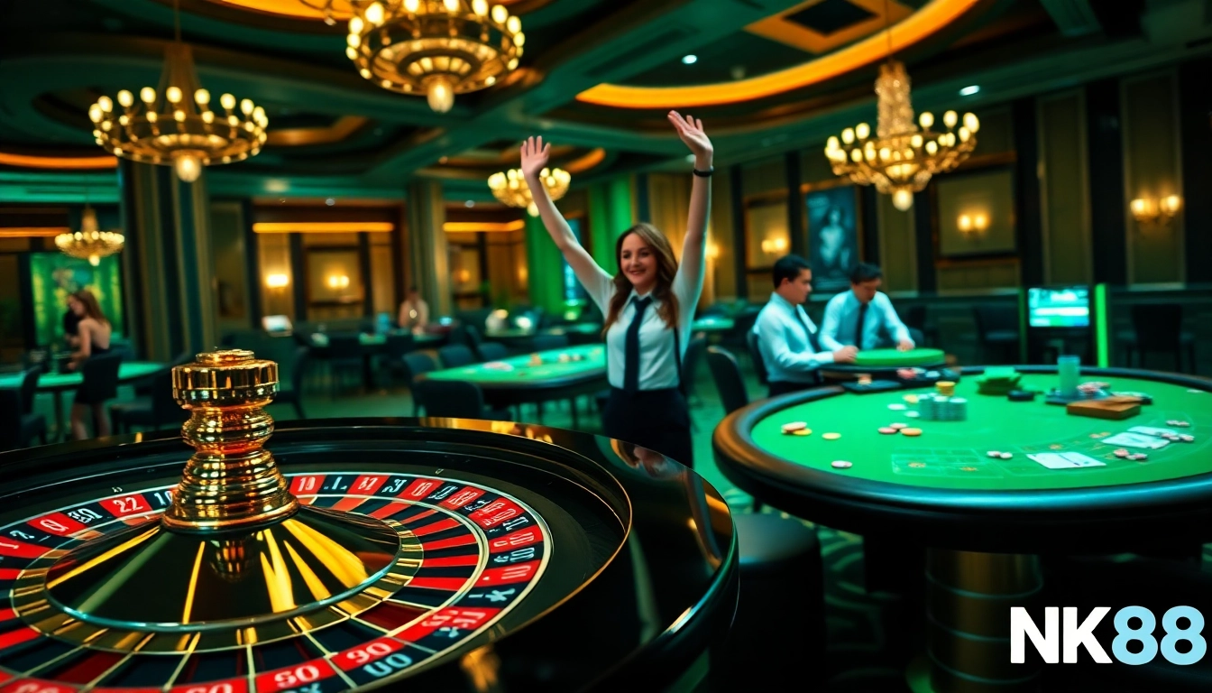 Experience the thrill of winning at NK88’s luxurious casino tables with flashing roulette and poker moments.