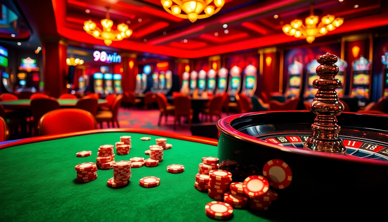 Engaging gamblers at 98win casino with lively tables and vibrant slot machines.