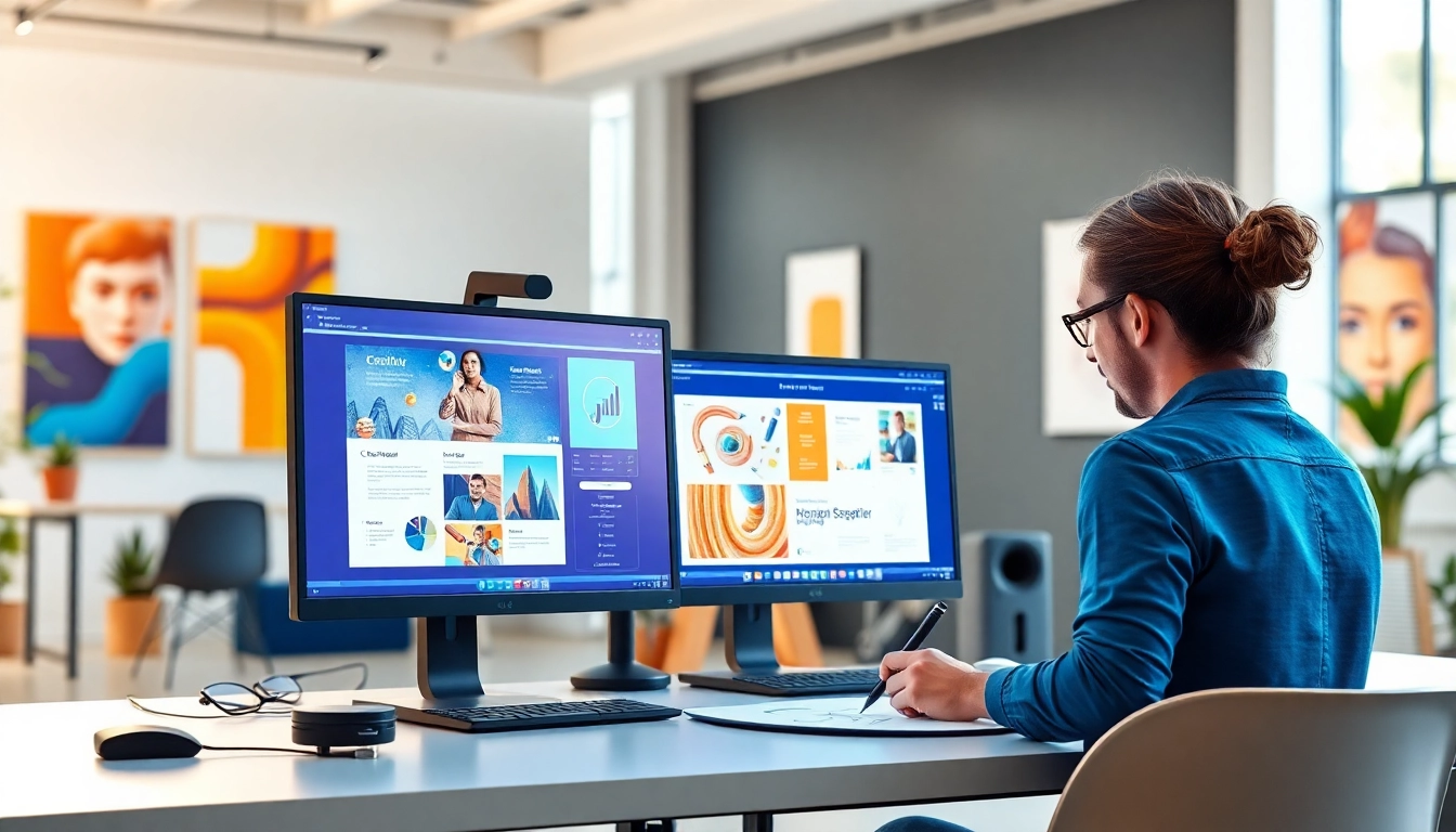 Showcasing a vibrant workspace of a website design agency with creative designs on display.