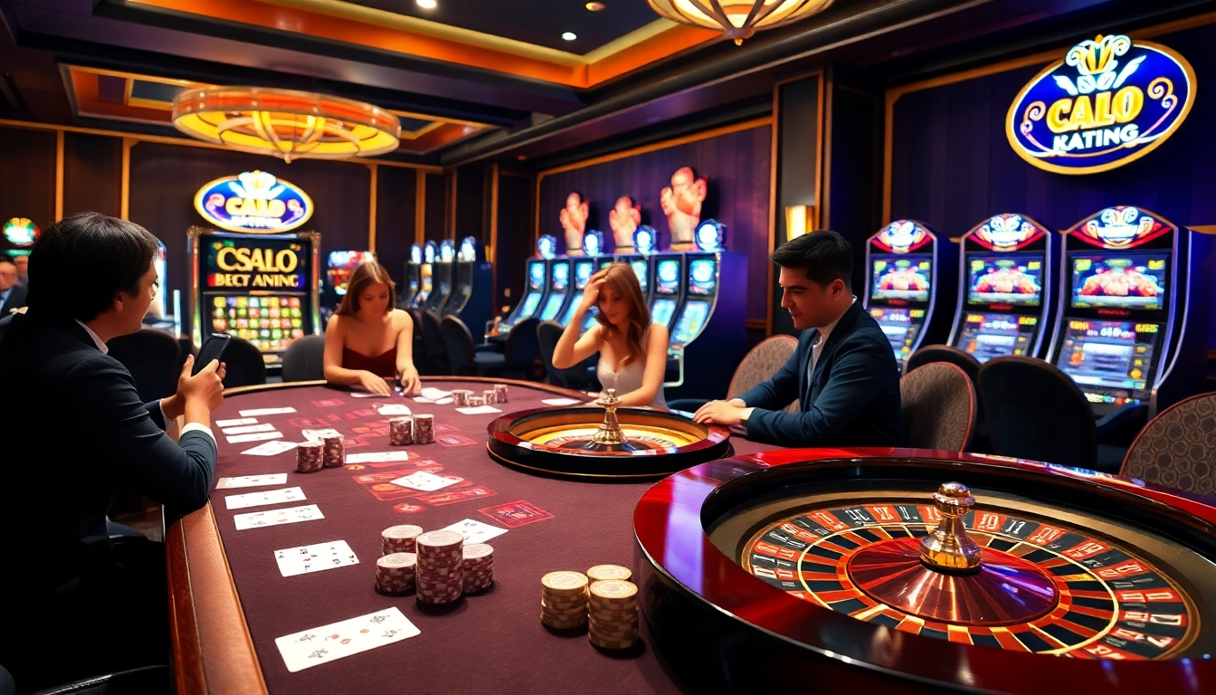 Players enjoying game bài đổi thưởng at a vibrant casino table with cards and chips.