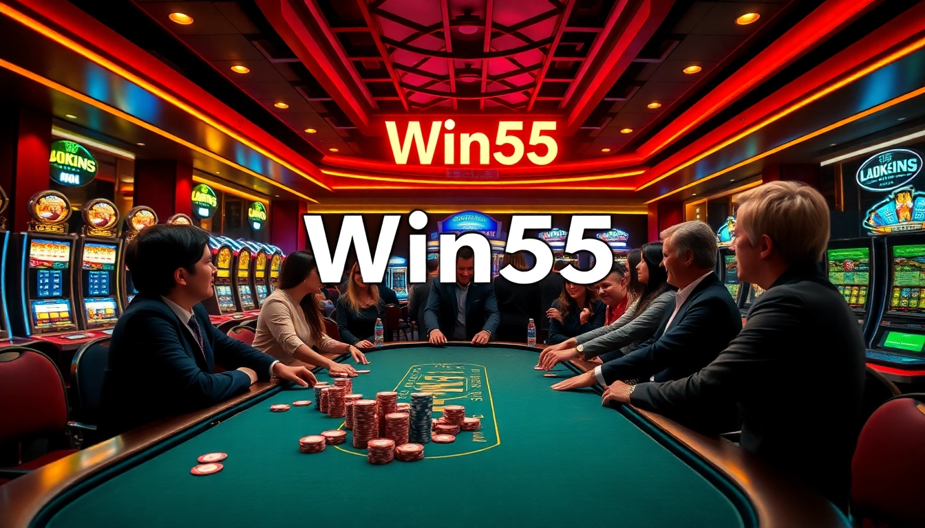 Players enjoying a thrilling game at Win55 casino, engaging with colorful poker chips and cards.