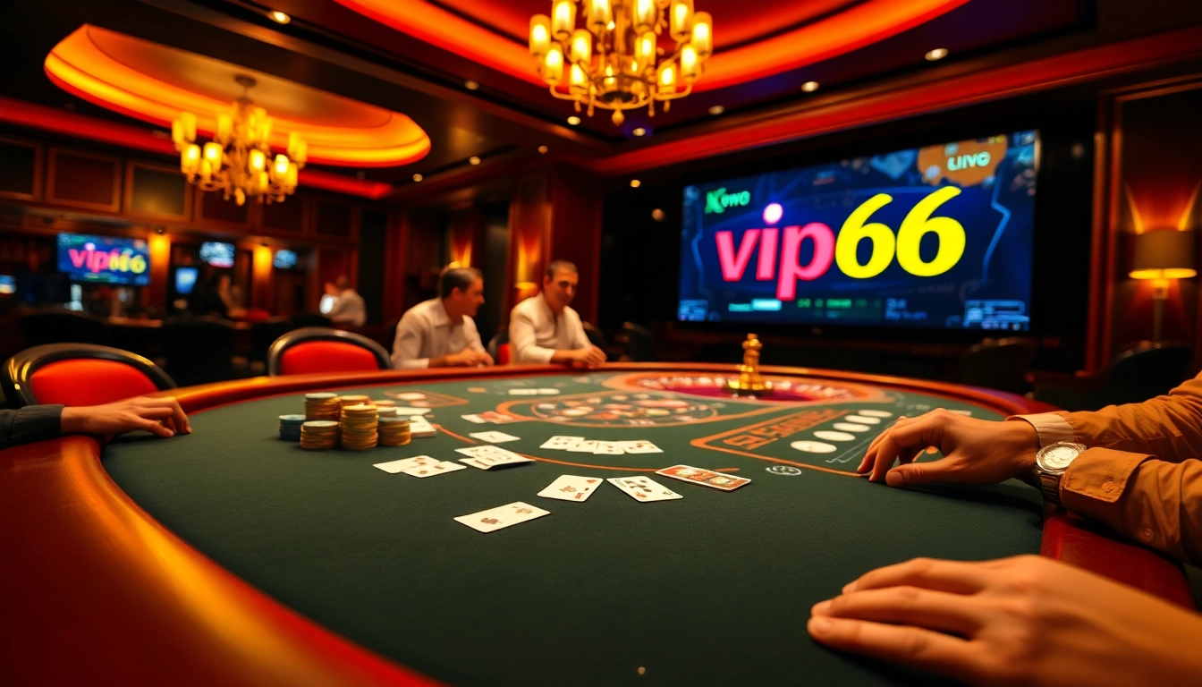 Players excitedly engage at a poker table, where vip66 symbolizes thrilling online casino gaming.