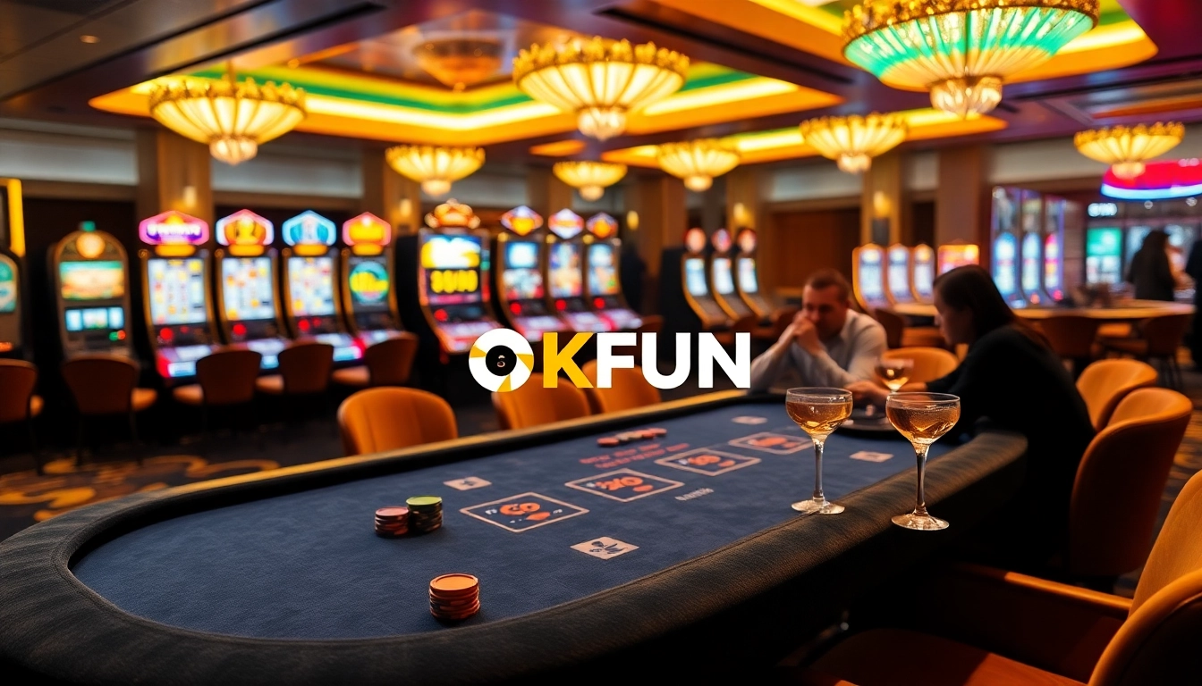 Experience OKFUN at a luxurious casino poker table surrounded by vibrant slot machines.