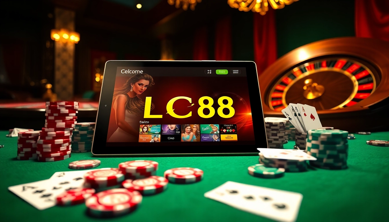 Engage with LC88's thrilling online gambling interface adorned with vibrant casino elements.