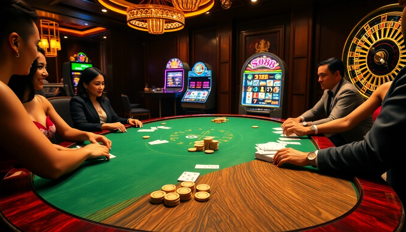 Participants engaging in a high-stakes poker game at a luxurious casino featuring sc88-themed decorations.