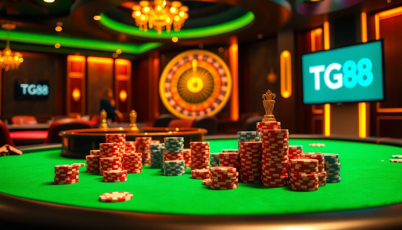 A high-stakes poker game environment highlighting TG88 with vibrant colors and casino elements.