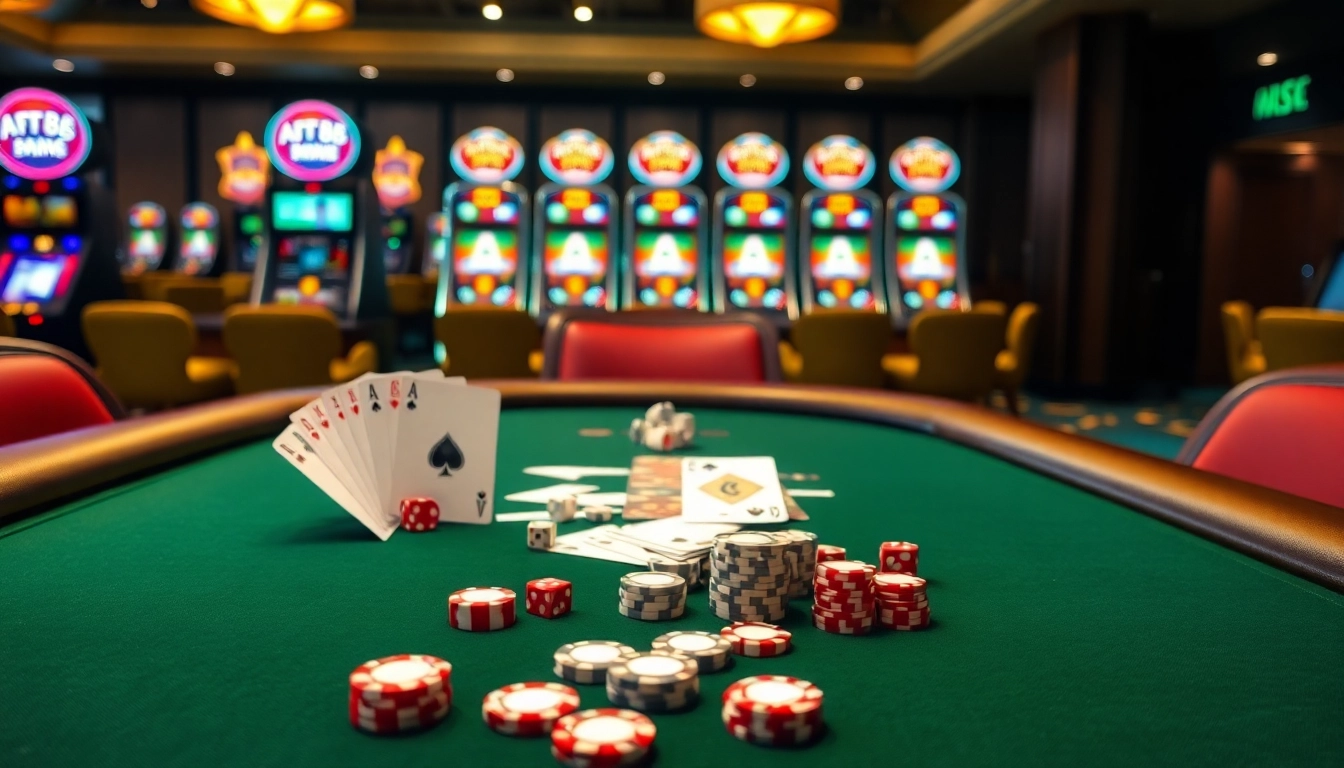 AF88 gaming table showcasing cards, chips, and an inviting casino atmosphere