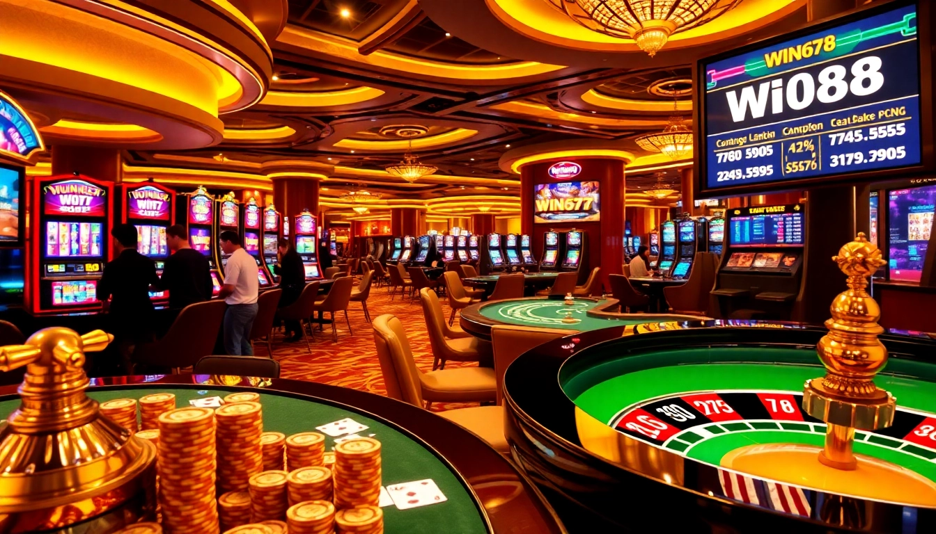 Playing the win678 game at a luxurious casino filled with vibrant lights and exciting visuals.