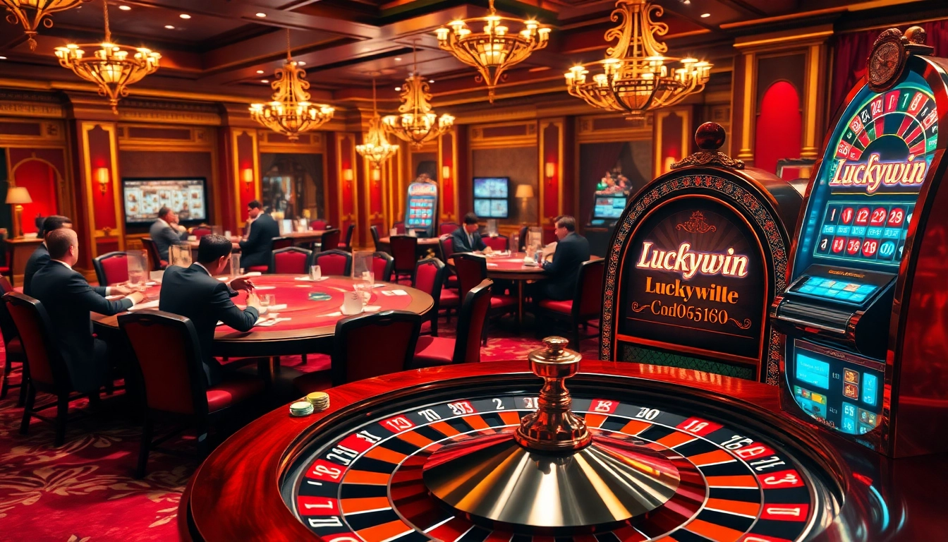 Play engaging games at Luckywin casino with vibrant tables and a spinning roulette wheel.
