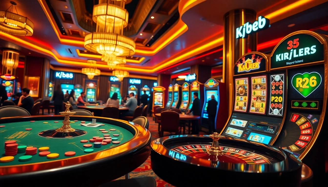 Kp88 gaming scene featuring players at a poker table with vibrant chips and engaging slot machines.