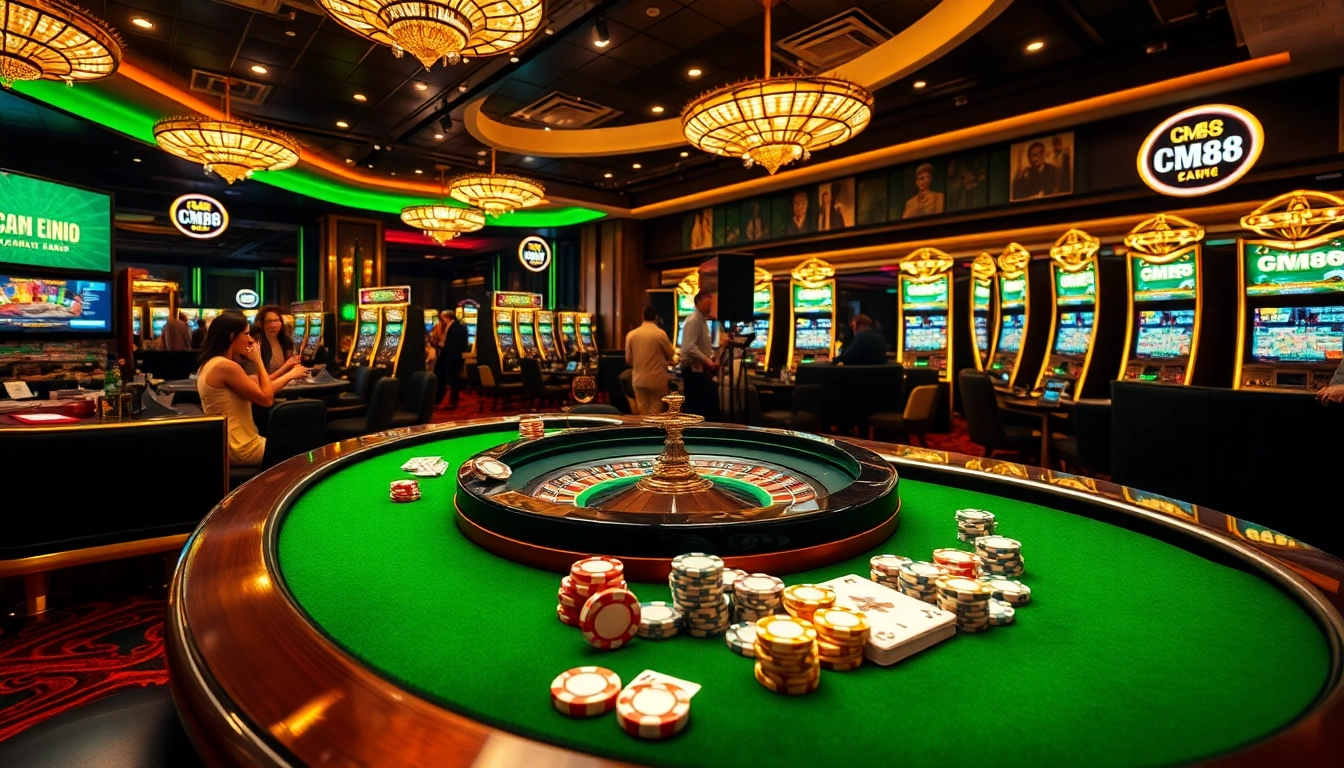 Gamblers engage passionately at a luxurious casino, featuring CM88 among the vibrant visuals of roulette and slot machines.